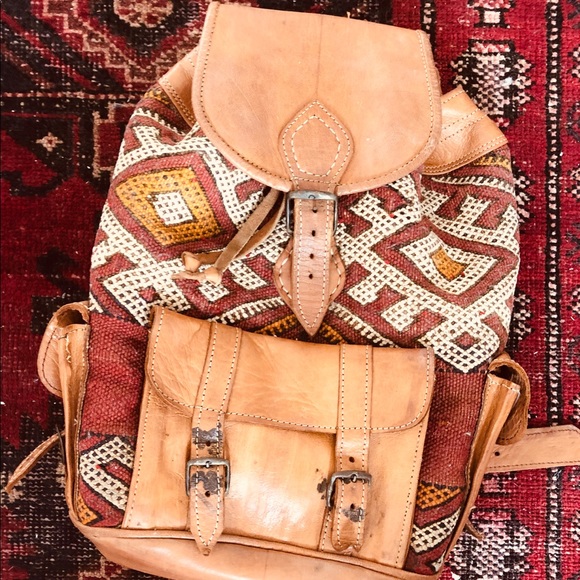 Handbags - Moroccan Brown Leather and Carpet Kilim Backpack